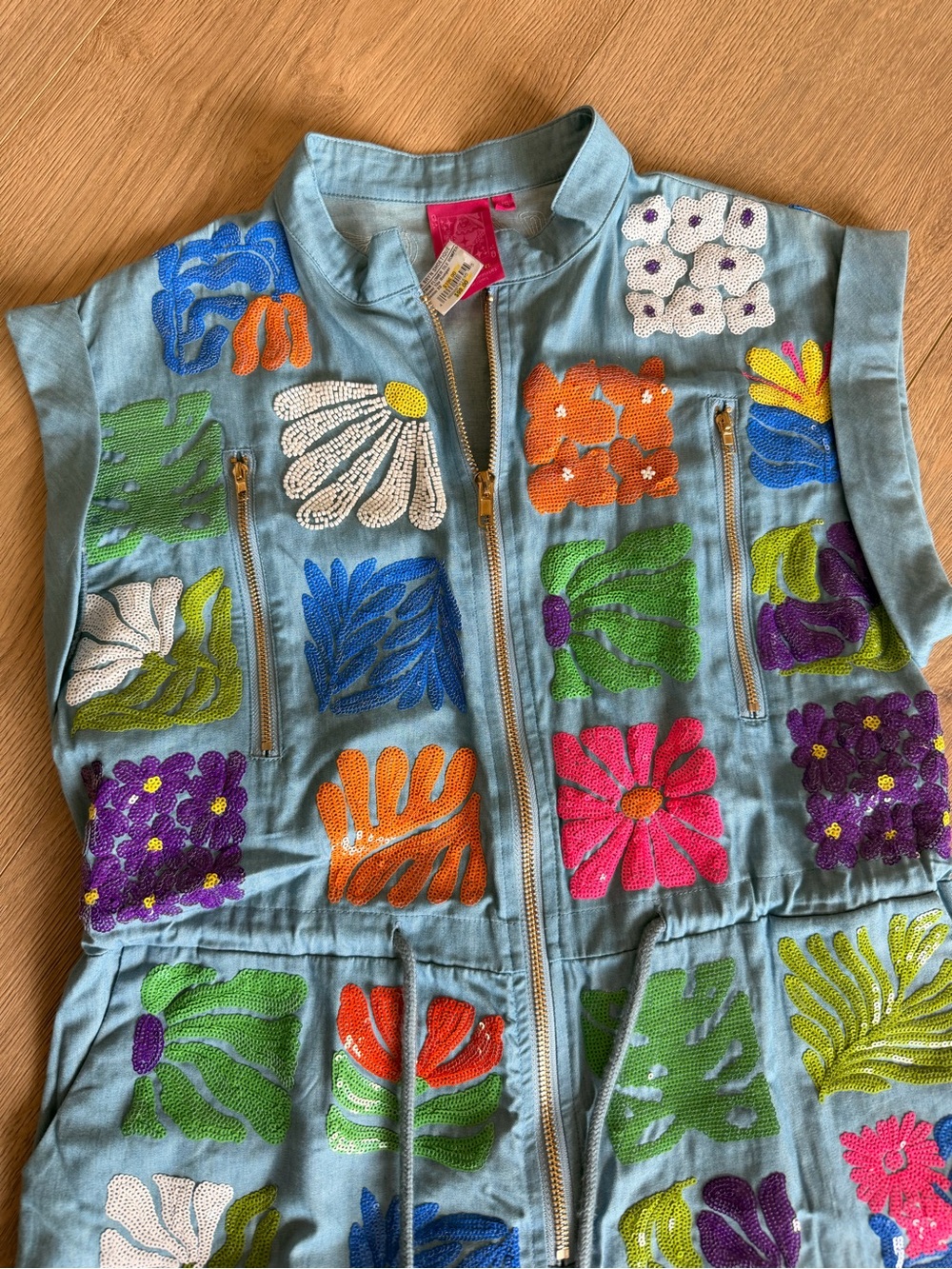 NWT Embroidered Floral Denim Romper - Multicolor Flowers - Picture 3 of 4